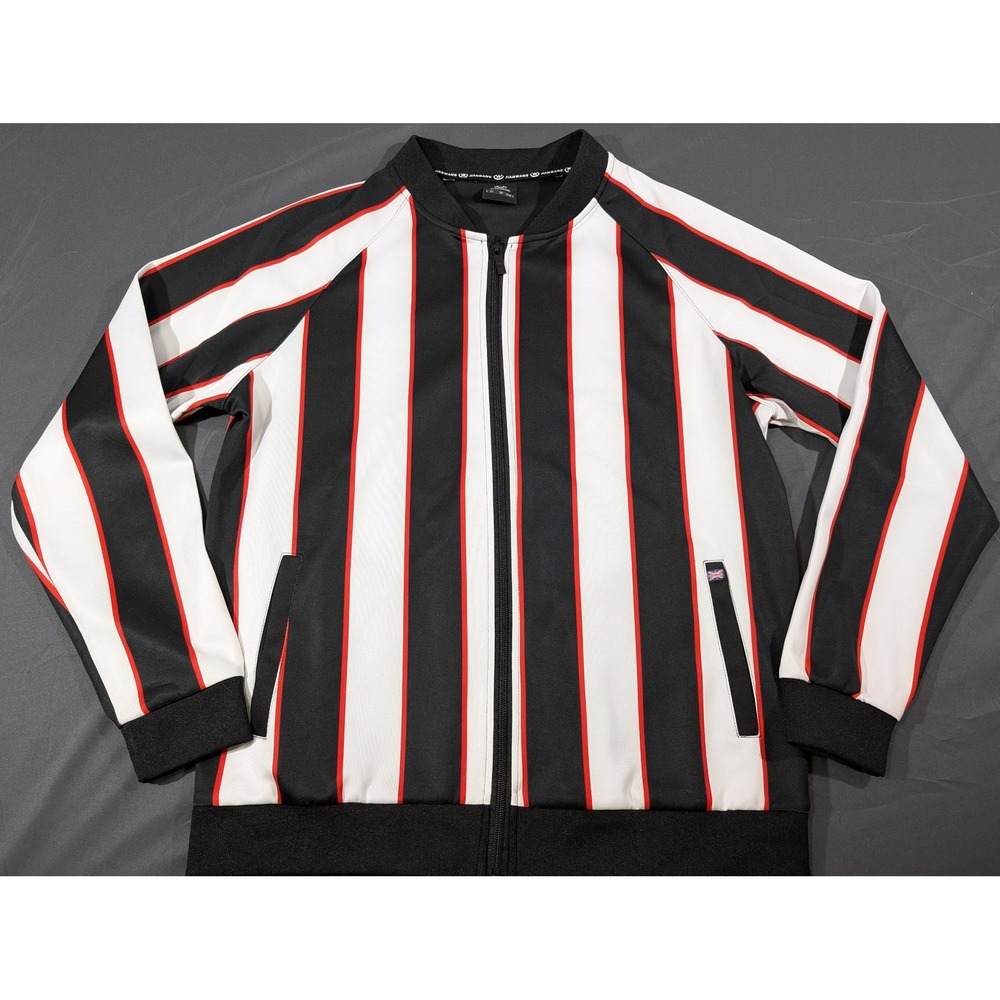 Jian Wang Mens XL Track Jacket Black White Red Striped Full Zip Bomber Athletic